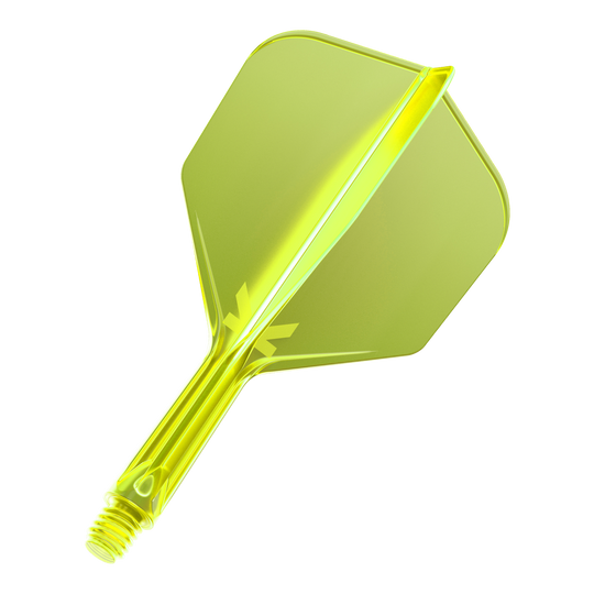 Das Bild zeigt einen neon-gelben Dartflug mit integriertem Schaft. Das Material wirkt durchsichtig und hat eine glänzende Oberfläche.