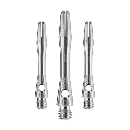HR369_Harrows_Keramic_Shafts_Gun_Metal_35mm_1 Das Bild zeigt drei silberfarbene Dartschäfte aus Metall. Es handelt sich um das Produkt "Harrows Keramic Shafts - Gun Metal".