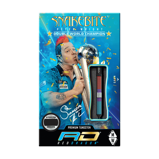 RD2550_Red_Dragon_Peter_Wright_Snakebite_Spirit_Steeldarts_3 Die Verpackung zeigt die "Red Dragon Peter Wright Snakebite Spirit Steeldarts". Ein Bild von Peter Wright mit Trophäe und Unterschrift ist ebenfalls darauf zu sehen.