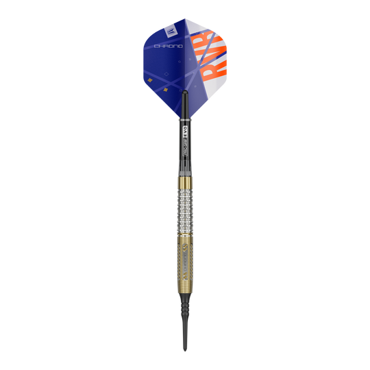 Target Raymond Van Barneveld Chrono 95 soft darts Der Target Raymond Van Barneveld Chrono 95 Softdart ist auf dem Bild zu sehen. Der Dart hat eine goldene und silberne Griffzone sowie blaue Flights mit orangenem Aufdruck.