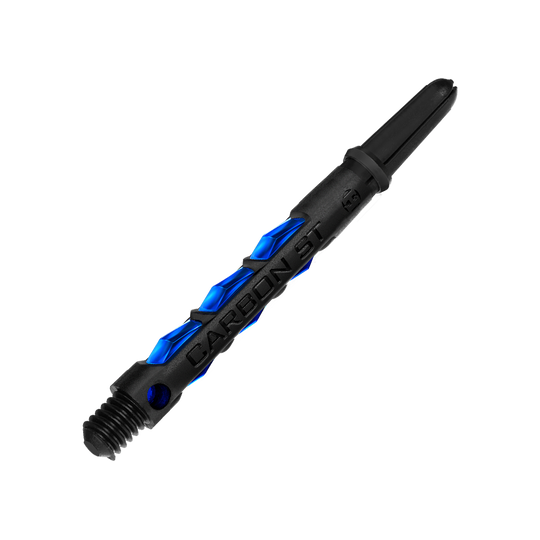 HR415_Harrows_Carbon_ST_Shafts_Blau_47mm_2 Das Bild zeigt einen Harrows Carbon ST Shafts in der Farbe Blau. Der Schaft hat ein modernes, schwarzes Design mit blauen Akzenten.