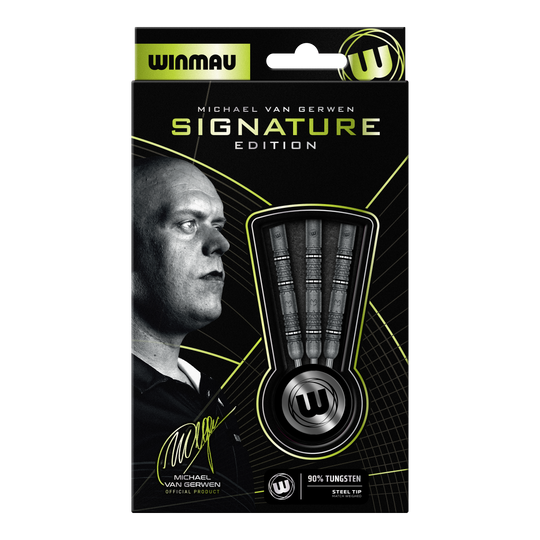 Abgebildet sind die Winmau Michael Van Gerwen Signature Edition Steeldarts. Diese Darts sind speziell für den bekannten Spieler Michael Van Gerwen designt.