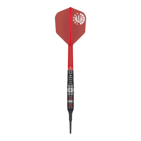 Auf dem Bild ist ein Softdart aus der Target Japan Prime Series Diamond GEN3 mit einem Gewicht von 18g zu sehen. Der Dart hat eine rote Flight und einen schwarz-silbernen Schaft mit feinen Details.