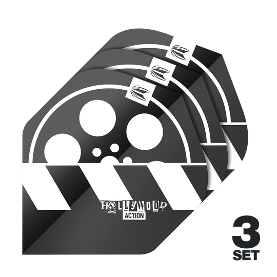 Das Bild zeigt drei Sätze Target Pro Ultra Chris Dobey Hollywood Action No2 Standard Flights für Dartpfeile. Das Design ist schwarz-weiß mit einem Filmrollen- und Klappenmotiv sowie der Aufschrift "Hollywood Action".