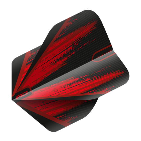 TF6442_Red_Dragon_Hardcore_Black_Red_V2_Standard_Flights_2 Dies ist ein Dart-Flight in den Farben Schwarz und Rot mit einem dynamischen, modernen Design. Die Oberfläche zeigt kräftige rote Streifen und das Wort "HARDCORE" ist darauf zu erkennen.