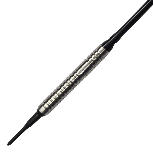 McDart 85 Tungsten V5 Soft Darts - 16g Das Bild zeigt einen McDart 85er Tungsten V5 Softdart mit einem Gewicht von 16g. Der Dartpfeil hat einen silbernen, geriffelten Barrel und schwarze Spitzen.