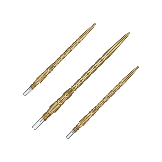 Das Bild zeigt ein Set goldener Dartspitzen mit 42mm Länge. Die Spitzen sind Target SwissPoint Signature TRB Dartspitzen.