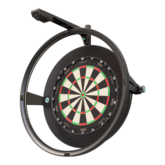 Target VIRT Camera Das Bild zeigt das Produkt "Target VIRT Kamera", das eine Dartscheibe mit einer integrierten Kamera darstellt. Die Kamera ist oberhalb der runden Einfassung der Dartscheibe montiert.