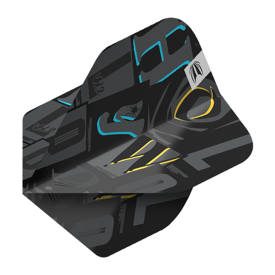 Target Pro Ultra Chris Dobey No2 Standard Flights - 3 Sets Das Bild zeigt ein schwarzes Dartflight mit modernen grafischen Mustern in Grau, Blau und Gelb. Es handelt sich um das Produkt "Target Pro Ultra Chris Dobey No2 Standard Flights - 3 Sets".