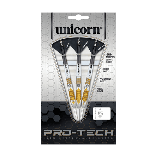 27706_Unicorn_Pro-Tech_Style1_Steeldarts_3 Auf dem Bild ist eine Verpackung mit drei Steeldarts der Marke Unicorn zu sehen. Die Darts sind Teil der Pro-Tech-Serie und bestehen aus 90% Wolfram.