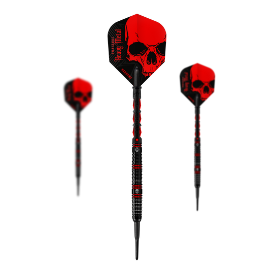 Die Abbildung zeigt die Harrows Ryan Searle Heavy Metal Softdarts. Die Darts sind schwarz-rot gestaltet und haben ein auffälliges Totenkopf-Motiv auf den Flights.