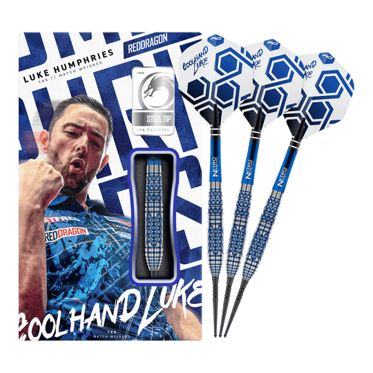 Red Dragon Luke Humphries TX5 steel darts Auf dem Bild ist das vollständige Set der Red Dragon Luke Humphries TX5 Steeldarts zu sehen. Die Steeldarts werden in ihrer Gesamtheit präsentiert.