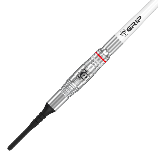 Bulls Niko Springer soft darts - 22g Das Bild zeigt einen Bulls Niko Springer Softdart mit einem Gewicht von 22g. Der Dart hat eine silberne Metallspitze und einen weißen Schaft mit der Aufschrift "B GRIP".