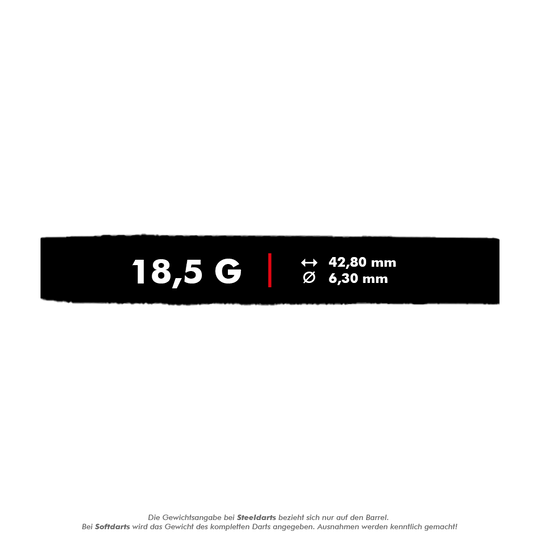 Das Bild zeigt die technischen Daten der McDart 85er Tungsten V8 Softdarts mit einem Gewicht von 18,5 Gramm. Die Länge beträgt 42,80 mm und der Durchmesser 6,30 mm.