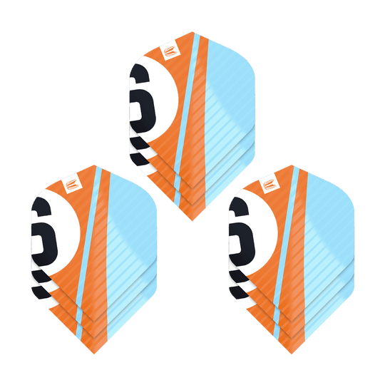 337213_Target_ProUltra_3Sets_Chicane_Orange_No2_Standard_Flights_1orS0WLuu8Wx1H Das Bild zeigt drei Sets von Target Pro Ultra Chicane Orange No2 Standard Flights. Die Flights sind in den Farben Orange, Hellblau, Weiß und Schwarz gestaltet.