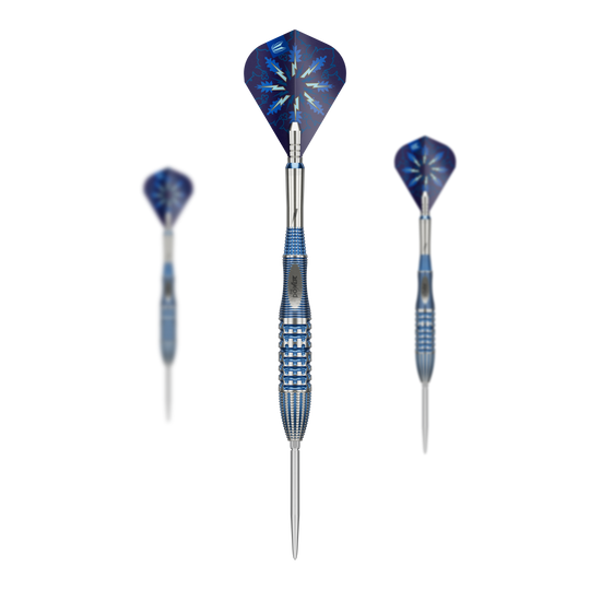 Hier ist ein Set der Target Phil Taylor Gx2 Swiss Point Steeldarts abgebildet. Die Steeldarts sind bekannt für Präzision und hochwertige Verarbeitung.