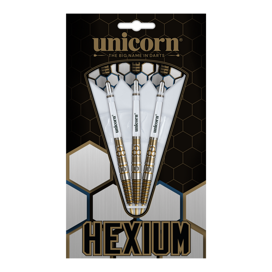 Dies ist das Produkt Unicorn Hexium Style 03 Gold & Black Steeldarts. Drei Steeldarts in Gold und Schwarz sind abgebildet.