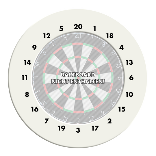 Das Foto zeigt einen weißen Dartboard-Surround ohne Logo. Der Dateiname lautet 'DBS-HDOL-weiss_HD_Zahlen_Dartboard_Surround_Ohne_Logo_Wei_1'.