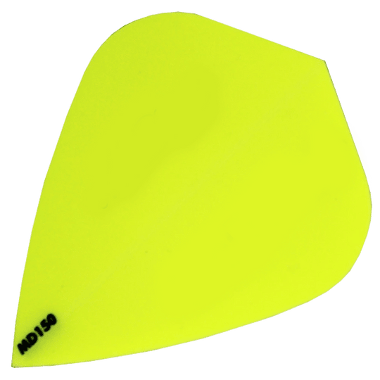 MD150-Kite-Gelb Das Bild zeigt ein leuchtend gelbes Dartflight des Modells „McDart MD150 – Kite Flight“. In der unteren linken Ecke steht in schwarzer Schrift „MD150“.