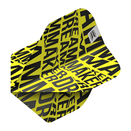 TG81_336570_Target_Pro_Ultra_Dimitri_Van_Den_Bergh_Yellow_No2_Standard_Flights_2 Das Bild zeigt ein gelbes Dartflight mit schwarzen, groß gedruckten Buchstaben. Auf dem Flight steht mehrfach das Wort "DREAMMAKER".