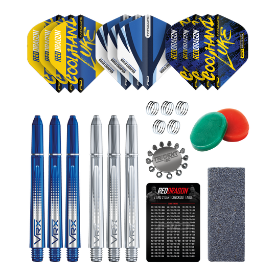 Red Dragon Luke Humphries Optima Accessory Pack Das Bild zeigt das Red Dragon Luke Humphries Optima Zubehör Pack für Darts. Enthalten sind Flights, Shafts, Federn, Tridents, ein Schleifstein, ein Checkout-Table, sowie weiteres nützliches Dartzubehör.