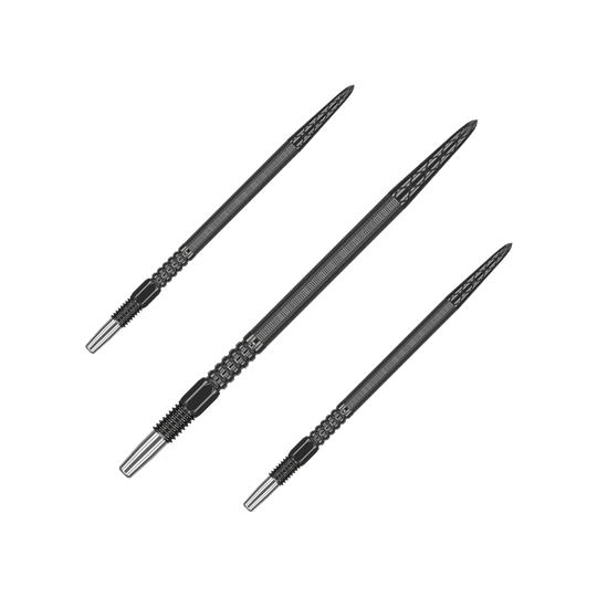 Target Swiss Point DX dart tips - Black Auf dem Bild sind drei schwarze Dartspitzen abgebildet. Sie sind lang und haben eine strukturierte Oberfläche für besseren Halt.