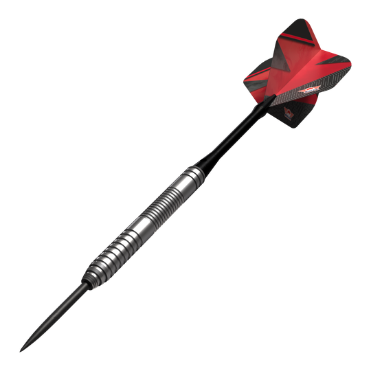 Bulls NL Lightning Red steel darts Das Bild zeigt einen Bulls NL Lightning Red Steeldart mit silbernem Barrel und roten Flights. Der Dart hat ein modernes Design und ist für Präzision beim Spielen gemacht.