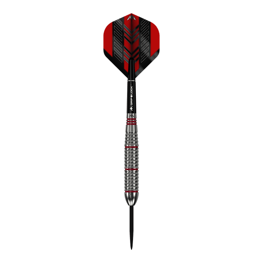 Mission Rogue Brass Steel Darts - 22g Das Bild zeigt einen Mission Rogue Brass Steeldart mit einem Gewicht von 22 Gramm. Der Dart hat ein silbernes, geriffeltes Barrel und rote sowie schwarze Akzente an Flight und Shaft.