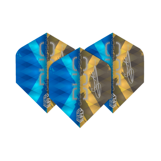 Das Bild zeigt drei Dartflights der Marke "Unicorn Ultrafly 100 Gary Anderson Duo Plus". Die Flights sind in den Farben Blau und Gold gestaltet und tragen den Schriftzug "Gary Anderson".
