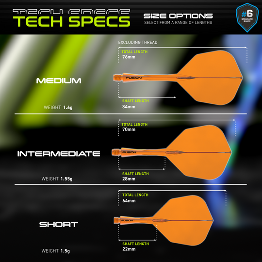 Winmau Fusion Flight Shaft System No6 Neon Orange Hier ist das Winmau Fusion Flight-Shaft-System No6 in Neon Orange dargestellt. Das Produkt vereint Flight und Schaft für erhöhte Stabilität im Dartspiel.