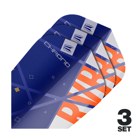 Target Pro Ultra Raymond Van Barneveld Chrono Ten-X Standard Flights - 3 sets Auf dem Bild sind drei Sätze von Target Pro Ultra Raymond Van Barneveld Chrono Ten-X Standard Flights zu sehen. Die Flights sind überwiegend blau mit orangefarbenen und weißen Akzenten gestaltet.