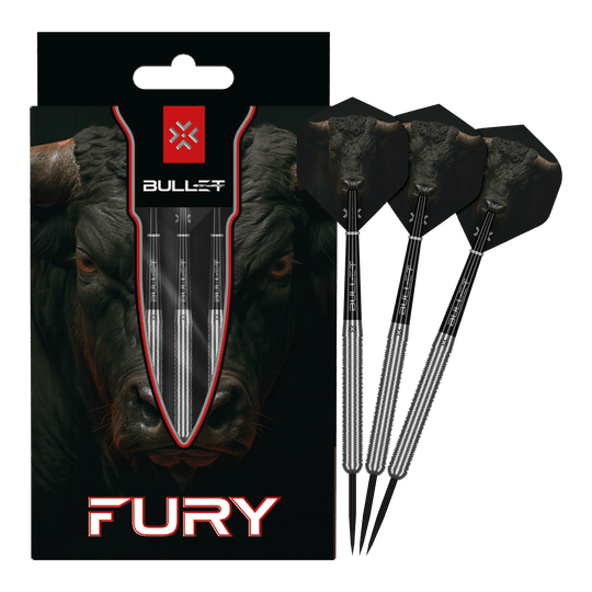 Bullet Fury steel darts Auf dem Bild sind die Bullet Fury Steel Darts vollständig dargestellt. Das Set ist für Dartbegeisterte geeignet.