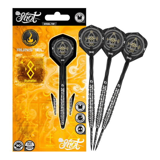 Shot Alchemy Runstel Steel Darts Hier wird das Modell Shot Alchemy Runstel Steeldarts dargestellt. Die Steeldarts sind komplett und aus der Nähe abgebildet.