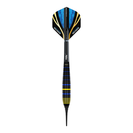 Das Bild zeigt einen Red Dragon Luke Humphries World Champion Brass Softdart mit 20g Gewicht. Der Dart ist schwarz mit blauen und gelben Akzenten gestaltet.