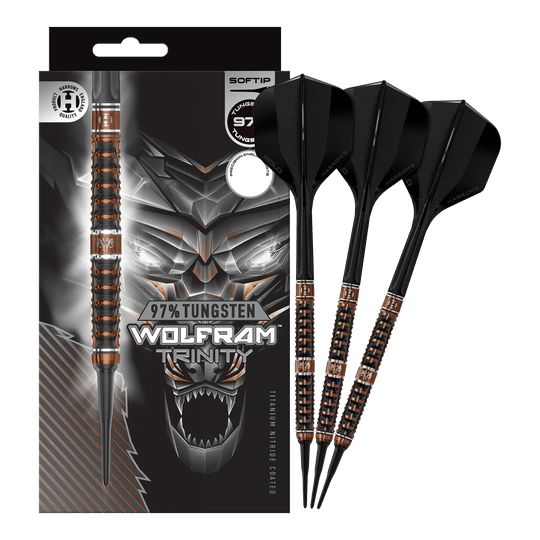 Harrows Tungsten Trinity soft darts Das Bild zeigt die Harrows Wolfram Trinity Softdarts in voller Ansicht. Die Softdarts sind hochwertig verarbeitet.