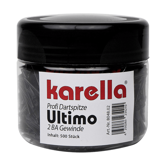 804802_Karella_Ultimo_Softdartspitzen_500Stk_in_der_Dose_Schwarz_2 Das Bild zeigt eine Dose mit 500 schwarzen Karella Ultimo Softdartspitzen. Auf dem Etikett steht der Produktname und weitere Informationen zur Größe und Anzahl der Spitzen.