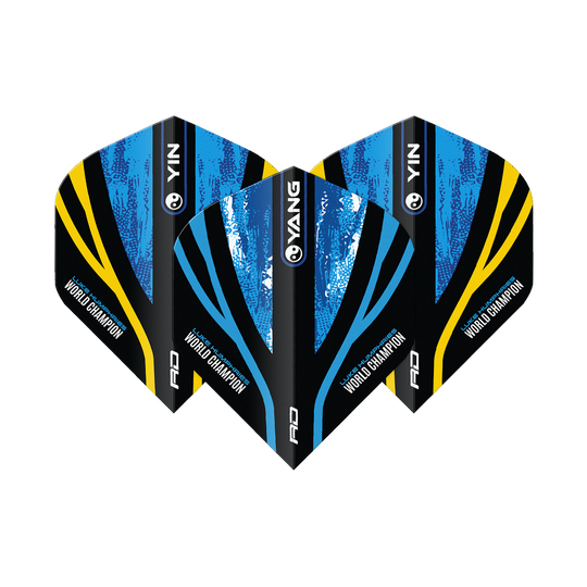 Red Dragon Luke Humphries World Champion Blue Gold Yin Yang Standard Flights Das Bild zeigt drei Dart-Flights mit dem Design "Red Dragon Luke Humphries World Champion Blue Gold Yin Yang Standard Flights". Die Flights sind in Blau, Schwarz und Gold gehalten und tragen die Aufschrift "World Champion".