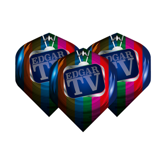 Das Bild zeigt drei bunte Dart-Flights mit dem Aufdruck "EDGAR TV" auf einem Fernsehbildschirm. Die Flights sind Teil des Produkts "Mission Solo Matt Edgar No2 Standard Flights".