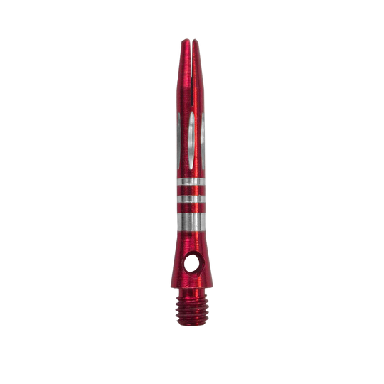 Zu sehen ist der Ringed Diamond Cut Aluminium Shafts - Rot - 35 mm. Der Schaft ist aus rotem Aluminium gefertigt und besitzt eine strukturierte Oberfläche.