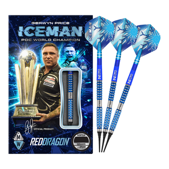Das Bild zeigt das Produkt "Red Dragon Gerwyn Price Glacier Softdarts - 18g" mit einer auffälligen blauen Verpackung. Neben der Verpackung sind drei blaue Softdarts mit dem Schriftzug "ICEMAN" und einem Eismuster abgebildet.