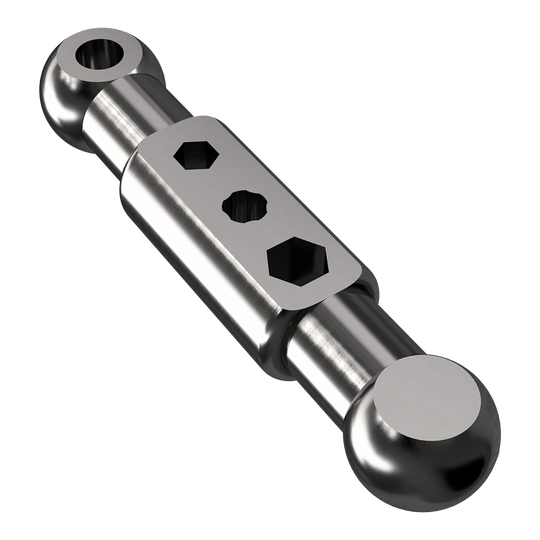 Caliburn Starter Kit Das Bild zeigt ein metallisches Bauteil mit zwei kugelförmigen Enden und einer rechteckigen Mittelplatte mit drei Sechskantöffnungen. Es handelt sich um ein Teil des Produkts "Caliburn Starter-Kit".
