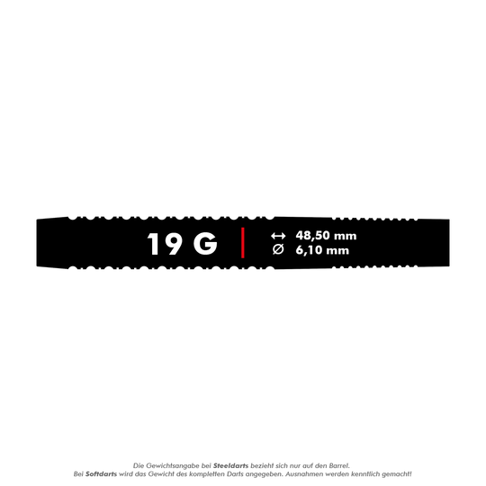 Das Bild zeigt die Produktbeschreibung für "Mission Red Dawn Model 1 Softdarts - 19g". Der Softdart wiegt 19 Gramm, ist 48,50 mm lang und hat einen Durchmesser von 6,10 mm.