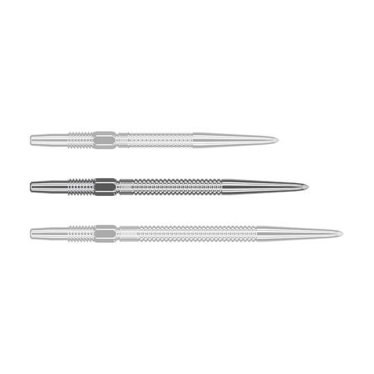 Target Swiss Point GRD Silver dart tips Das Bild zeigt drei silberne Dartspitzen des Produkts „Target Swiss Point GRD Silver Dartspitzen“. Die Spitzen sind nebeneinander angeordnet und haben eine feine Riffelung.