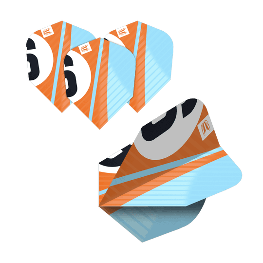 337206_Target_ProUltra_5Sets_Multipack_Chicane_Ten-X_Flights_4xzBB6FOHEl0zs Das Bild zeigt fünf Sets der Target Pro Ultra Chicane Multipack Ten-X Flights. Die Flights haben ein auffälliges Design in Orange, Hellblau, Schwarz und Weiß.