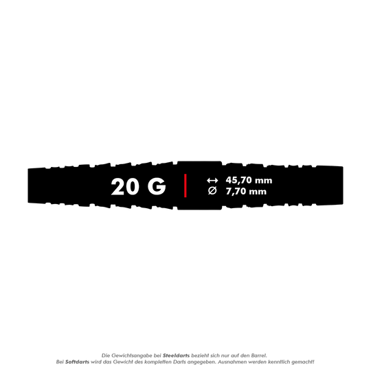 Winmau Simon Whitlock Atomized Grip Soft Darts Das Bild zeigt die Maße und das Gewicht des Produkts "Winmau Simon Whitlock Atomised Grip Softdarts". Der Dart wiegt 20 Gramm, ist 45,70 mm lang und hat einen Durchmesser von 7,70 mm.