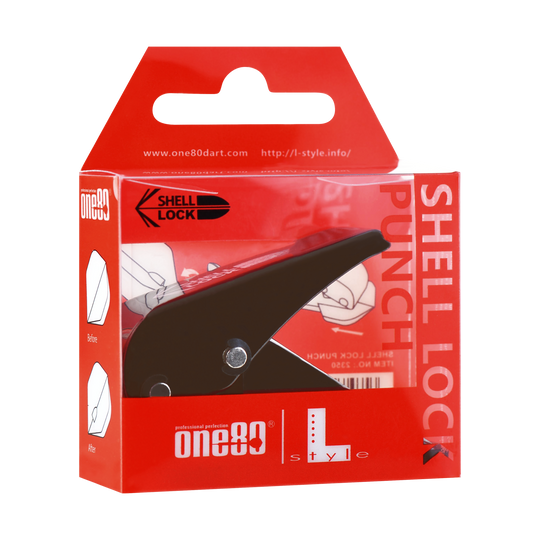 L-Style One80 Shell Lock Punch Flight Punch Das Bild zeigt die Verpackung des Produkts "L-Style One80 Shell Lock Punch Flightlocher". In der Packung befindet sich ein schwarzer Lochstanzer für Dart-Flights.