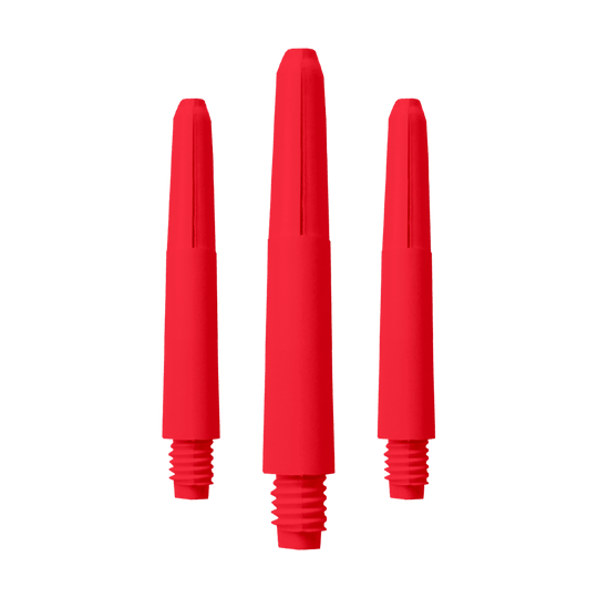 570_Nylon_Shafts_Rot_35mm_1 Das Bild zeigt drei rote Nylon-Schäfte mit Gewinde. Sie sind als Zubehör für Darts geeignet.