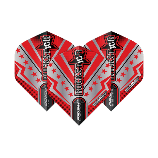 Das Bild zeigt drei Dart-Flights der Serie "Winmau Prism Delta Joe Cullen Rockstar No2". Die Flights sind in rot, silber und schwarz gestaltet und tragen die Aufschrift "ROCKSTAR".