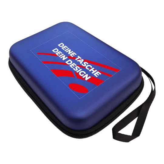 System-4 dart case with your design Das Bild zeigt ein McDart System4 Dartcase in Blau Metallic. Das Etui ist geschlossen dargestellt.