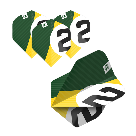 337204_Target_ProUltra_5Sets_Multipack_Chicane_No2_Standard_Flights_2T6fbrXu1nCn0A Das Bild zeigt fünf Sätze Target Pro Ultra Chicane No2 Standard Flights für Dartpfeile. Die Flights sind grün, gelb und weiß mit einer großen schwarzen "2" darauf.